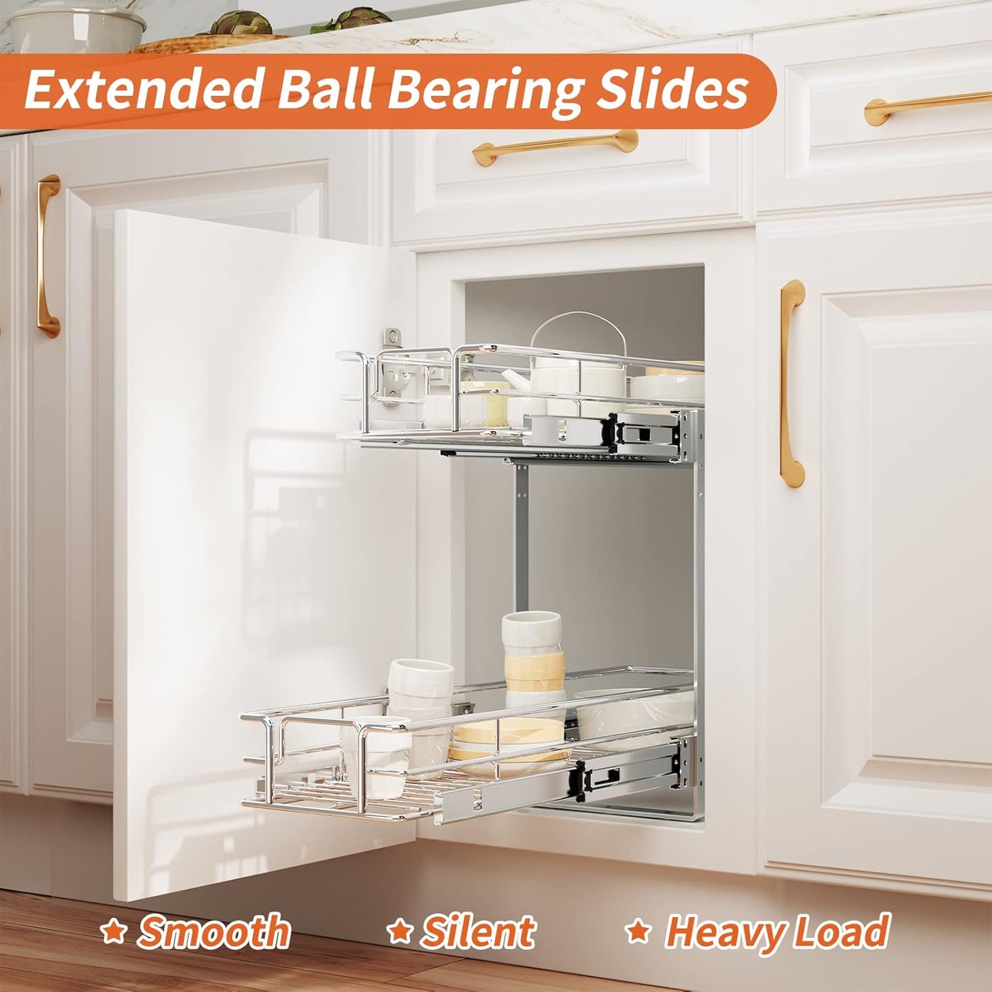 ROOMTEC Individual Pull Out Cabinet Organizer (5½"W x 21½"D), 2 Tier Spice Rack Organizer for Cabinet, Slide Out Drawer Pantry Shelf Organization and Storage for Kitchen Bathroom