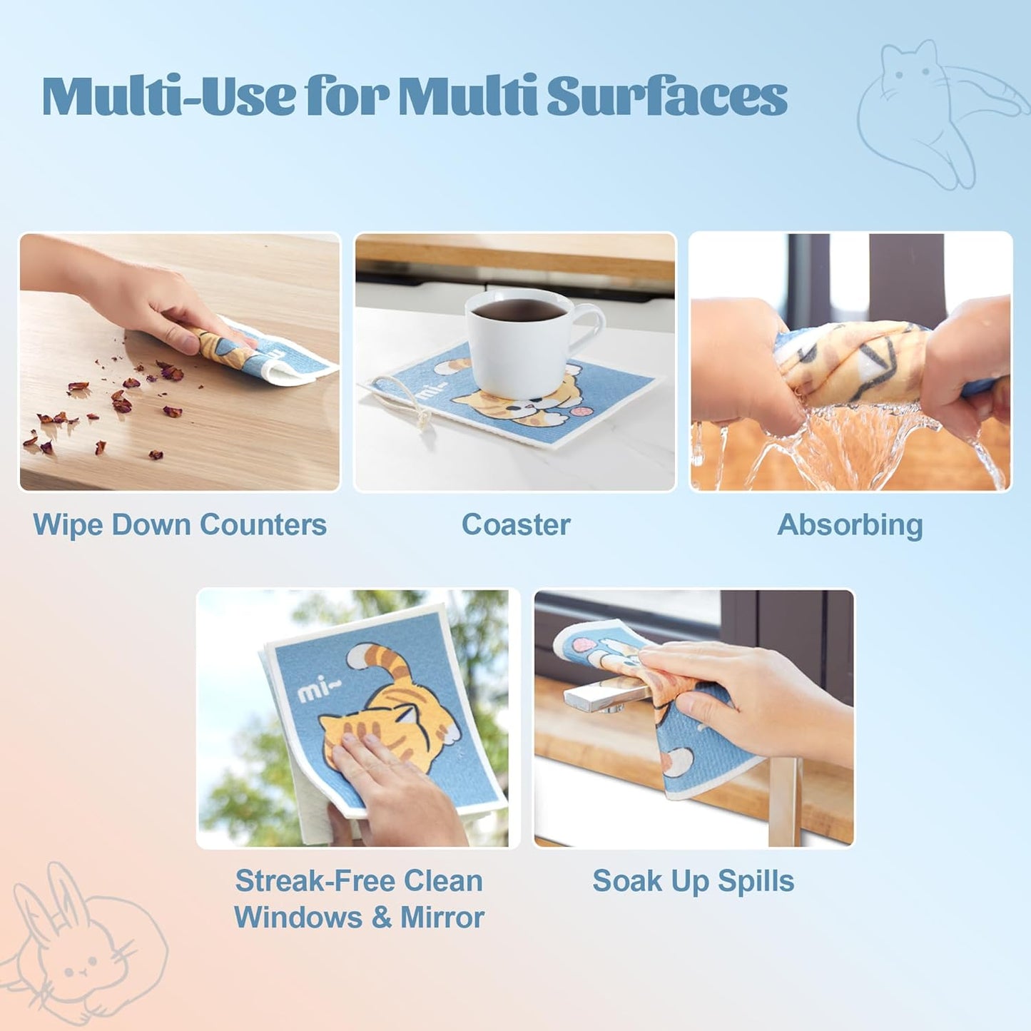 JOYMOOP Cartoon Cellulose Cleaning Cloth, Reusable Absorbent Dish Towels, Non-Scratch Washable Rags for Cookware, Kitchen and Household Cleaning - 12pcs, 6.7×7.9inch