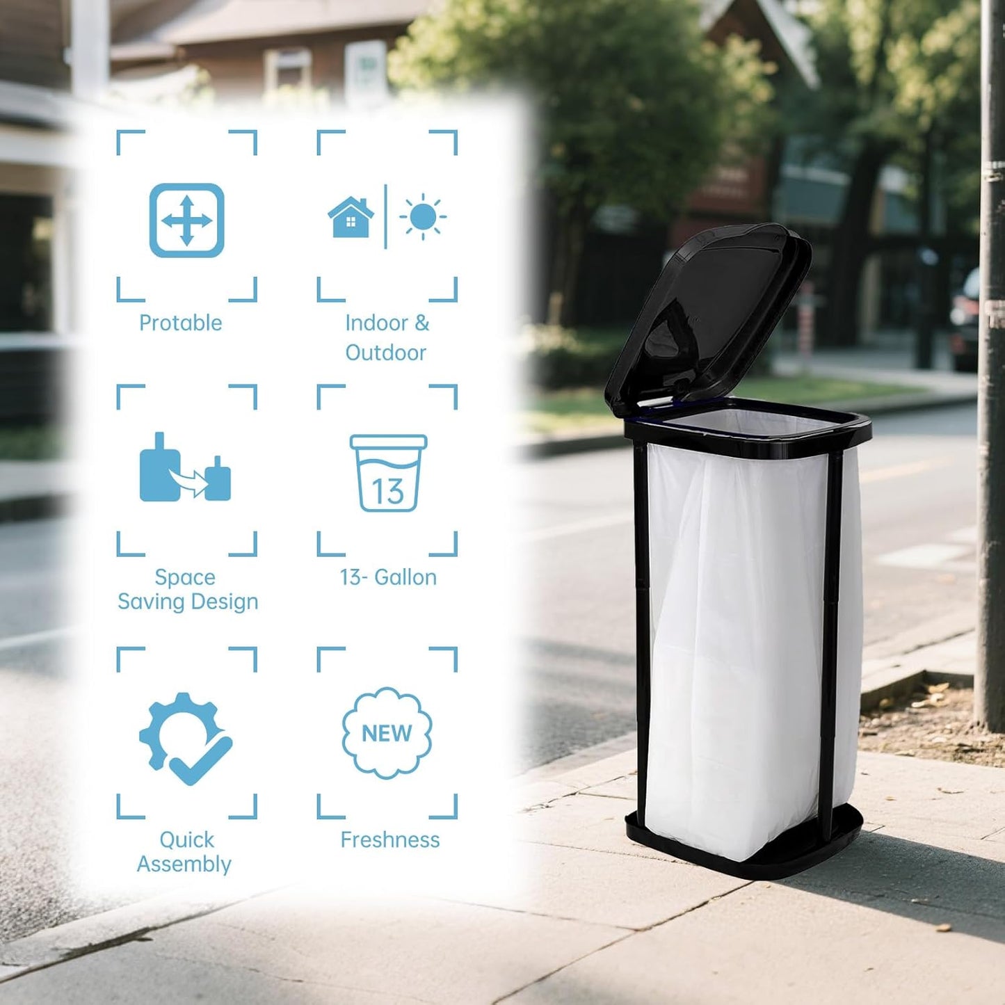 Collapsible Trash Bag Holder Portable Garbage Bin Holder Stand for Kitchen Outside 13 Gallon Plastic Outdoor Trash Can with Lid for Parties and Camping, Black