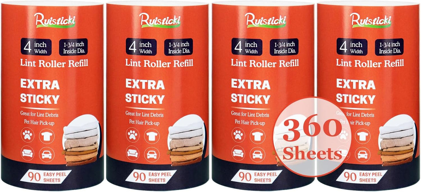 4 inch Lint Roller Refills Only for Scotch Brite, Everyday Clean Lint Roller Refills Pack of 4 Rolls, Extra Sticky 90 Sheets per Refill, 360 Sheets Total (Inside Dia. 1 3/4 inch)