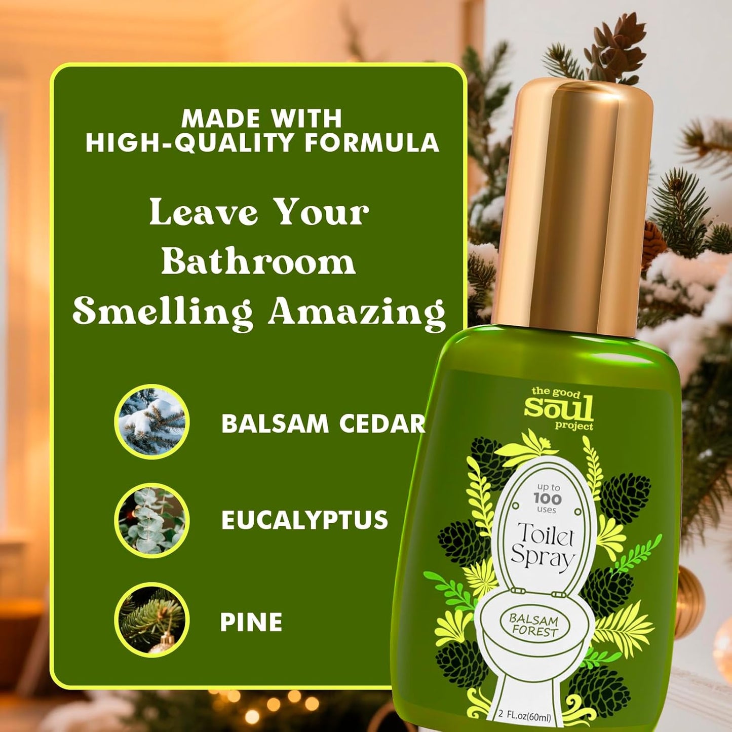 Holiday Toilet Spray, Balsam Forest, 4 Fl.Oz, Up to 200 Uses, Eliminates Bathroom & Toilet Odors, Air Freshener Bathroom Spray