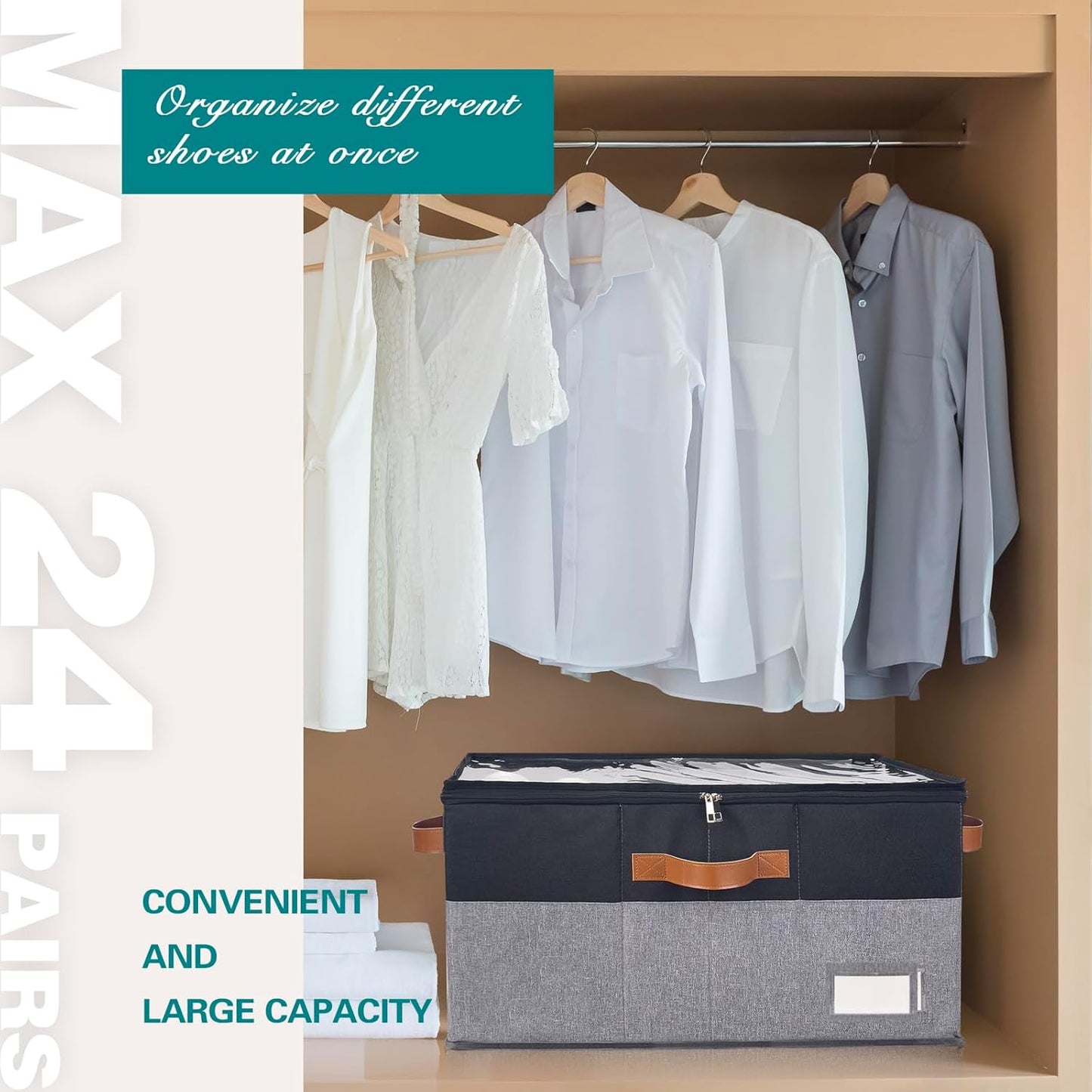 Shoe Organizer for Closet, Foldable Shoe Storage Bins with Clear Cover, Space Saving Shoes Holder with 4 Handles, Large Adjustable Shoe Box Storage Containers, Fits 12-24 Pairs, 2 Pack, Black