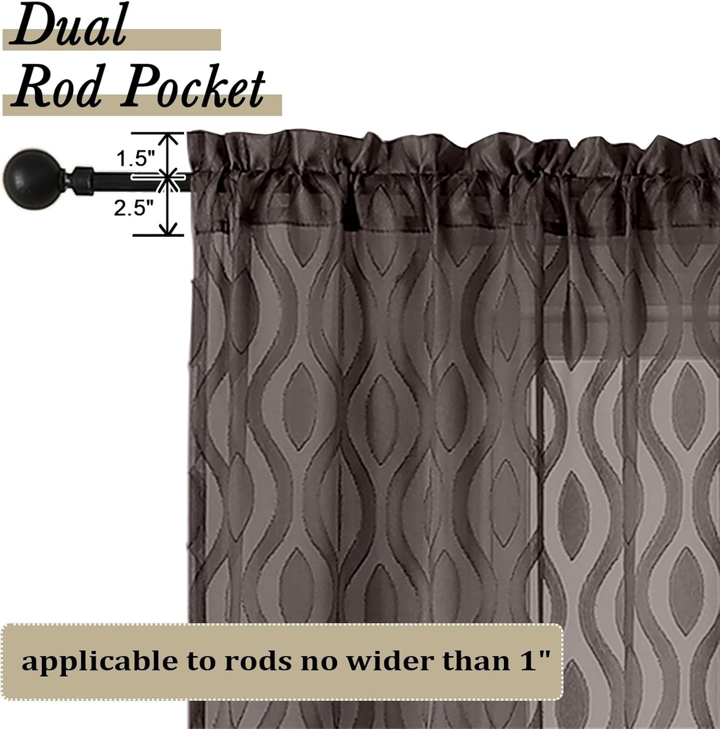 Aiyufeng Sheer Brown Curtains 45 Inch Length 2 Panels Set, Farmhouse Clip Jacquard Textured Short Sheer Curtains, Lightweight Chic Wavy Line Window Curtain Panels for Bedroom, 40" Wx45 L Inches