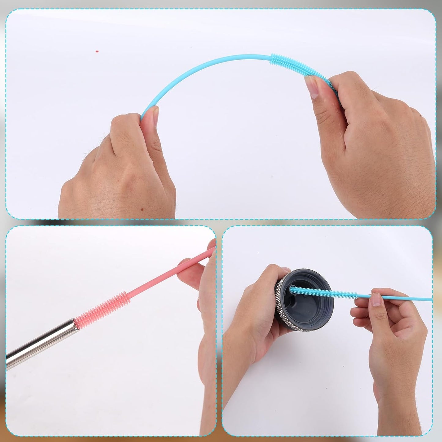 2pcs Silicone Straw Cleaner Brush, 9.44in Extra Long Reusable Straw Brush for Stanley, Metal, Glass Straws, Bendable Travel Drinking Bottle Lid Cleaning Tool for Crevice Pipe Tube (Pink, Blue)