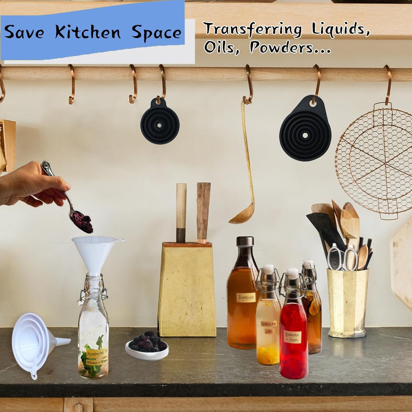 6 Pack Funnels for Kitchen Automotive Use Filling Bottles, Plastic Funnels Assorted 4 Sizes, Silicone Collapsible Funnel Set 2 Small and Large for Liquids, Oils, Powders Transfer, Cooking