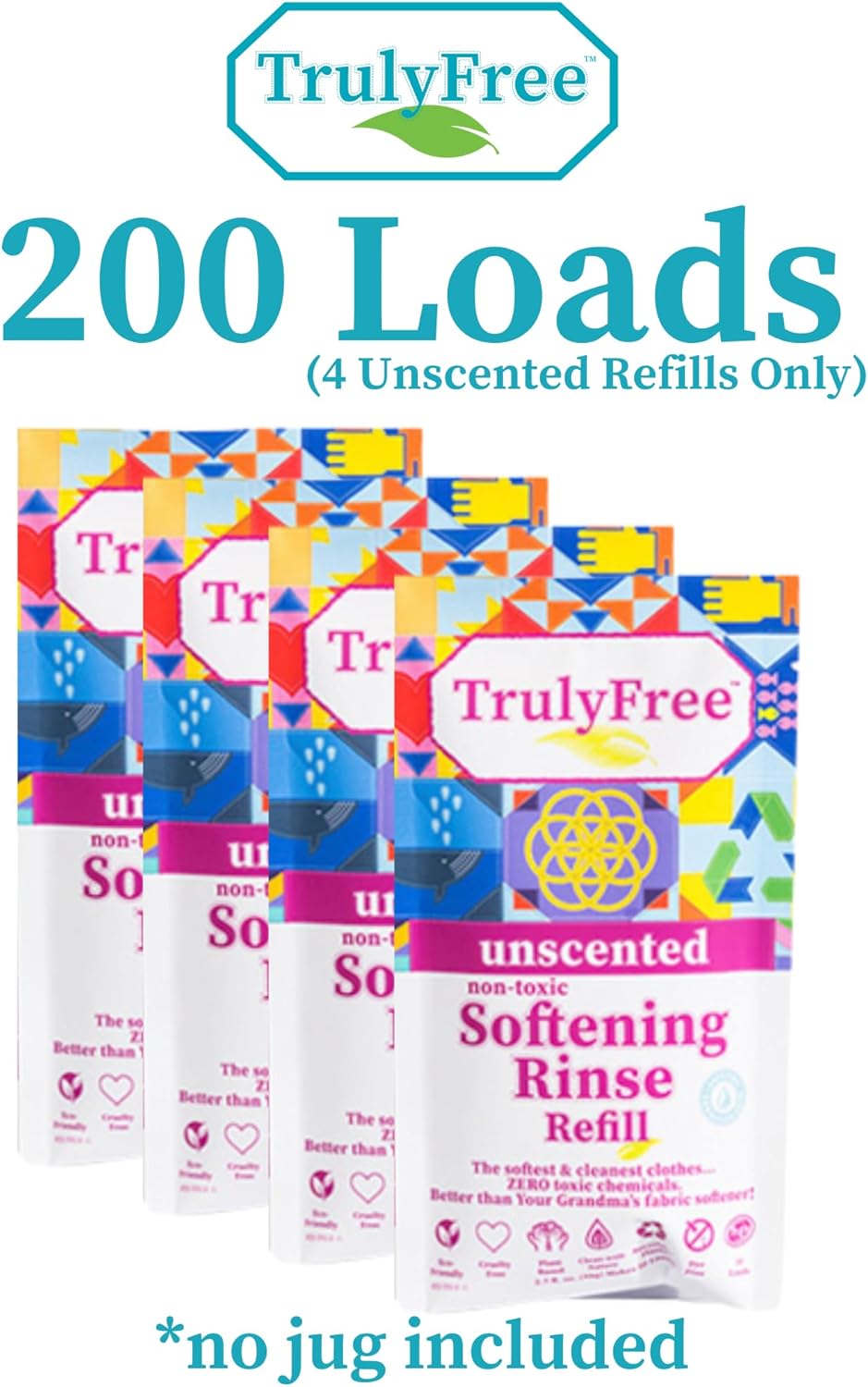 Truly Free Fabric Softening Conditioner for Clothes| Safe for Babies & Kids with Sensitive Skin | Plant-Based | Includes 4 Refills | Unscented Rinse(200 Loads)