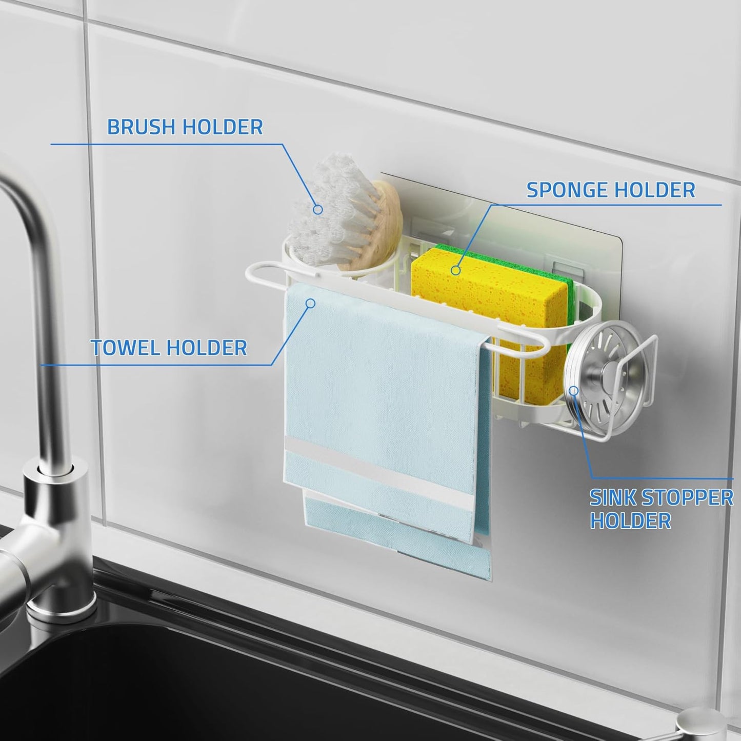 Cisily Kitchen Sink Caddy Sponge Holder in The Sink, Stainless Steel Kitchen Sink Organizer, Brush Holder, Dish Cloth Hanger, Sink Stopper Holder with Suction & Adhesives Installation Ways (White