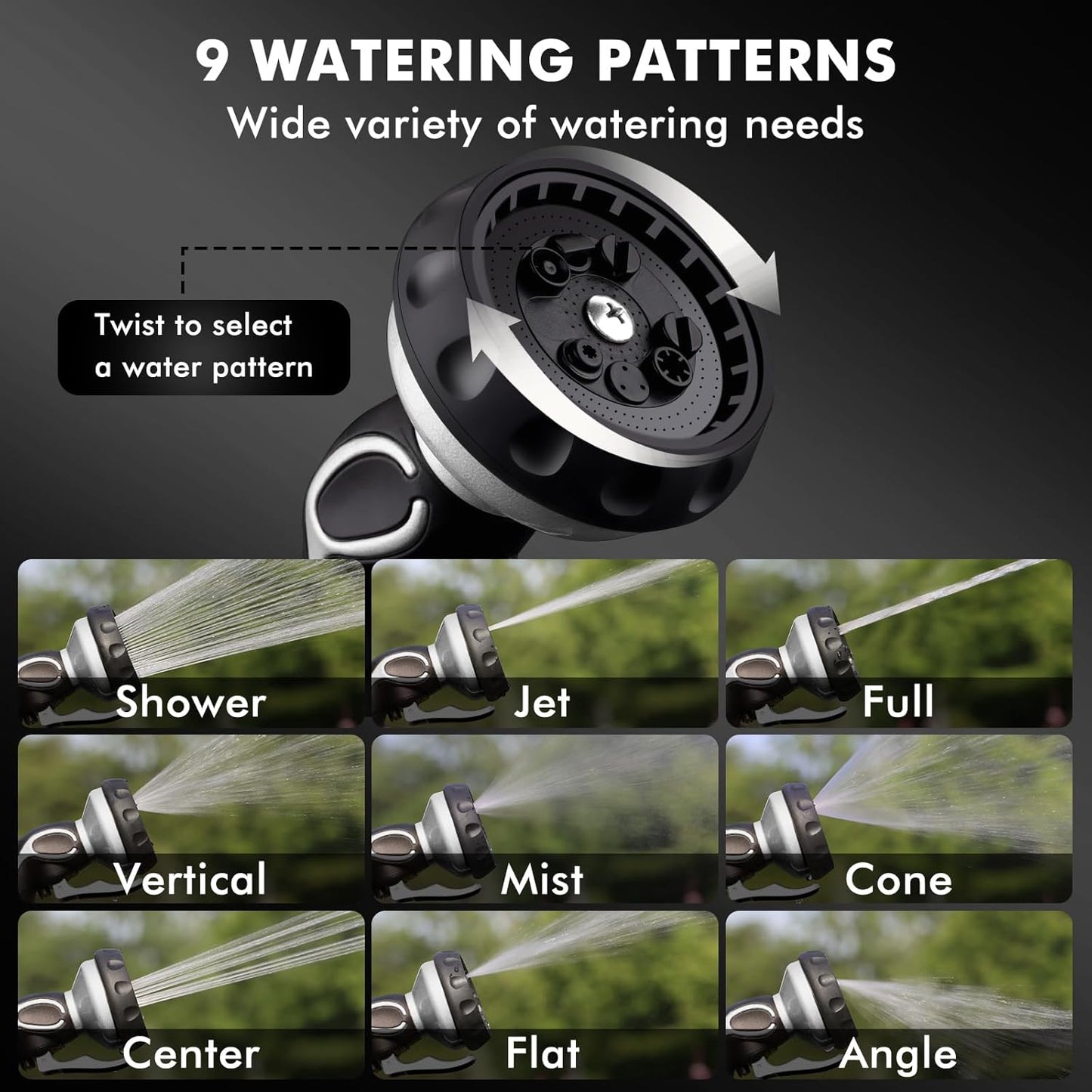 RESTMO Hose Nozzle with Easy Self-Lock Trigger, Heavy Duty Metal Water Hose Sprayer with 9 Spray Patterns and On/Off Valve, Ideal for Outdoor Lawn & Garden Watering, Car & Pet Washing, Silver