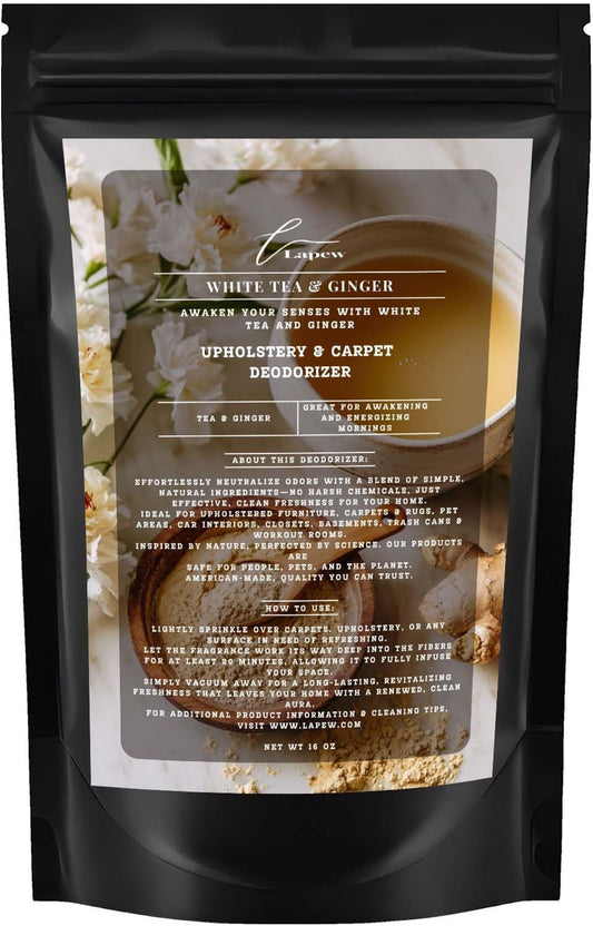 White Tea & Ginger Carpet Freshener Powder: Powerful Odor Eliminator for Home, Upholstery Deodorizer, Carpet Deodorizer, Pet Urine, Cat Litter Box - White Tea & Ginger Fragrance.