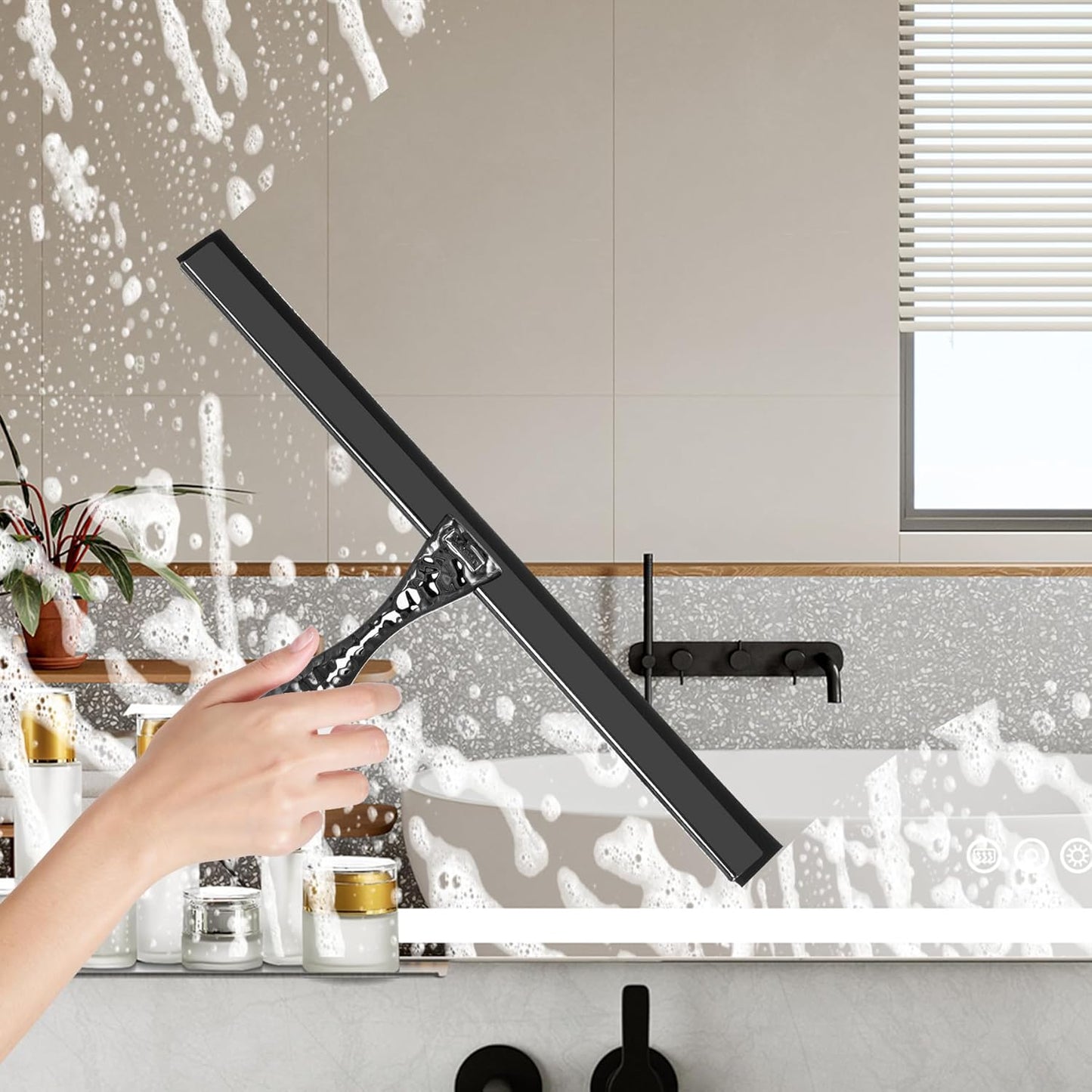 All-Purpose Silicone Shower Squeegee for Shower Glass Door,with 1 Hooks,for Bathroom Glass, Car, Tile Wall, Mirror Cleaning - Flower Shaped Handle for Easy-Grip 12 Inch Black