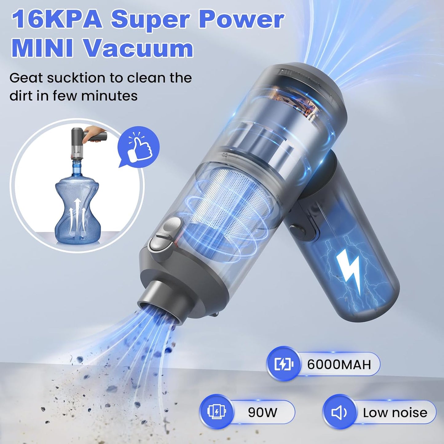 Car Vacuum Portable Cordless with 16000PA Ultra Suction 4-in-1 Foldable Air Duster & Brushless Motor Rechargeable Handheld Vacuum for Pet Hair, Car Seats, Home & Office Cleaning