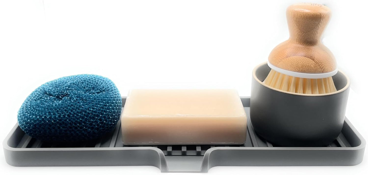 Happitasa Silicone Soap Dish Tray and Sponge Holder with Drain Chute | Bathroom and Kitchen Sink Organizer Caddy (Grey, 12"x4", 7.4 Ounces)