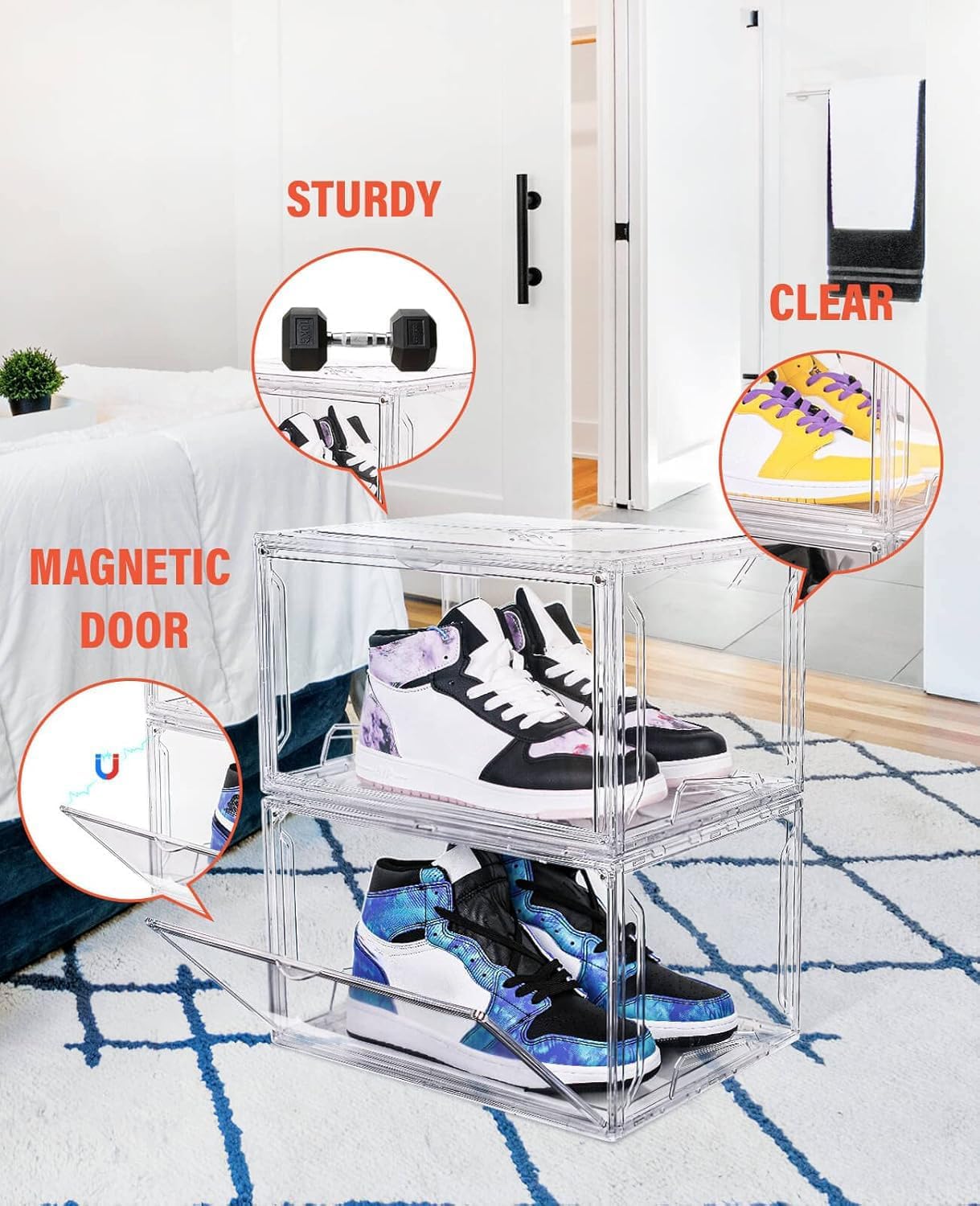 KDOR Clear Plastic Shoe box Organizer, 3 Pack Stackable Sneaker Boxes, Transparent Display Case with Magnetic lid, Tidy Home & Office Closet Storage