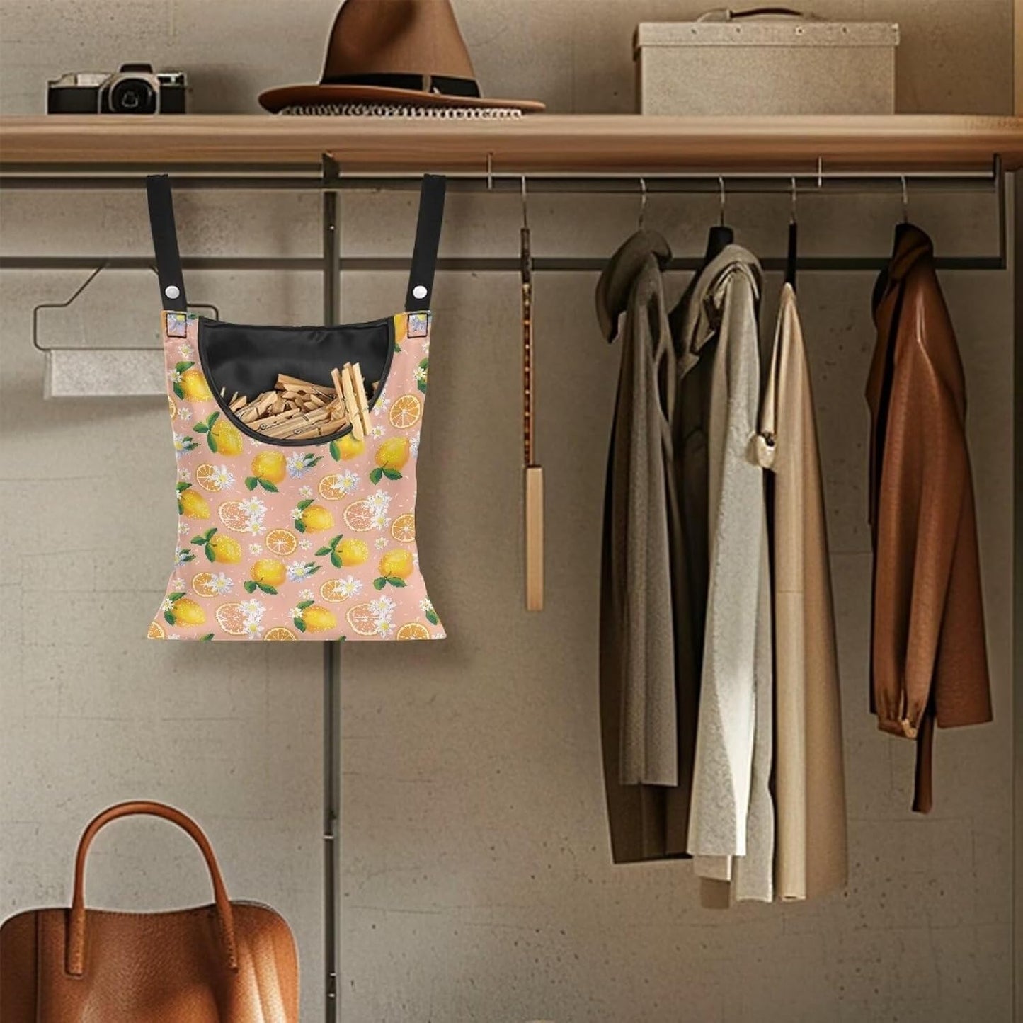 Lemon Print Clothespin Holder with Hanger Hook - Space-Saving Indoor and Outdoor Clothespin Organizer