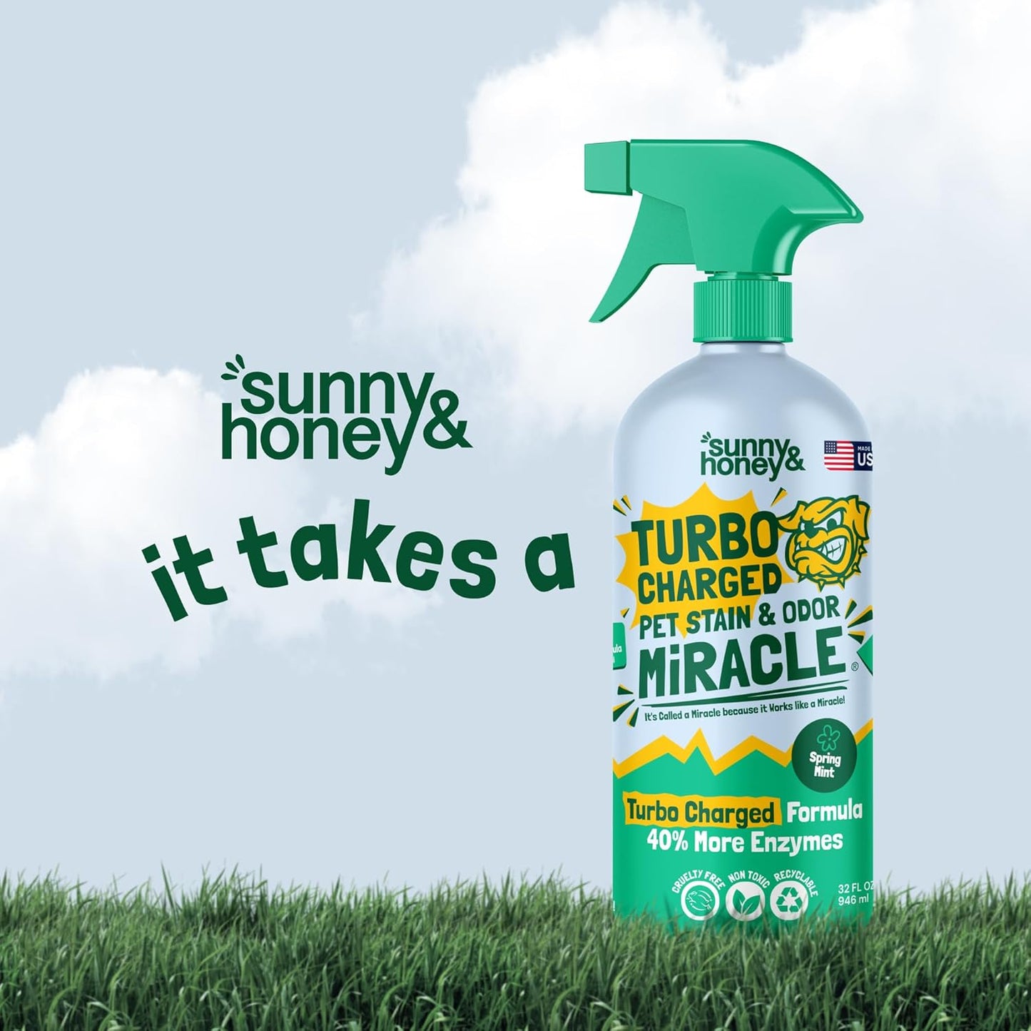Sunny & Honey Pet Stain & Odor Miracle - Turbo Charged, 32 Fl Oz, Spring Mint - Carpet Shampooer Enzyme Cleaner Spray - Pet Urine & Odor Eliminator Spray - Stain Remover & Carpet Cleaning Solution