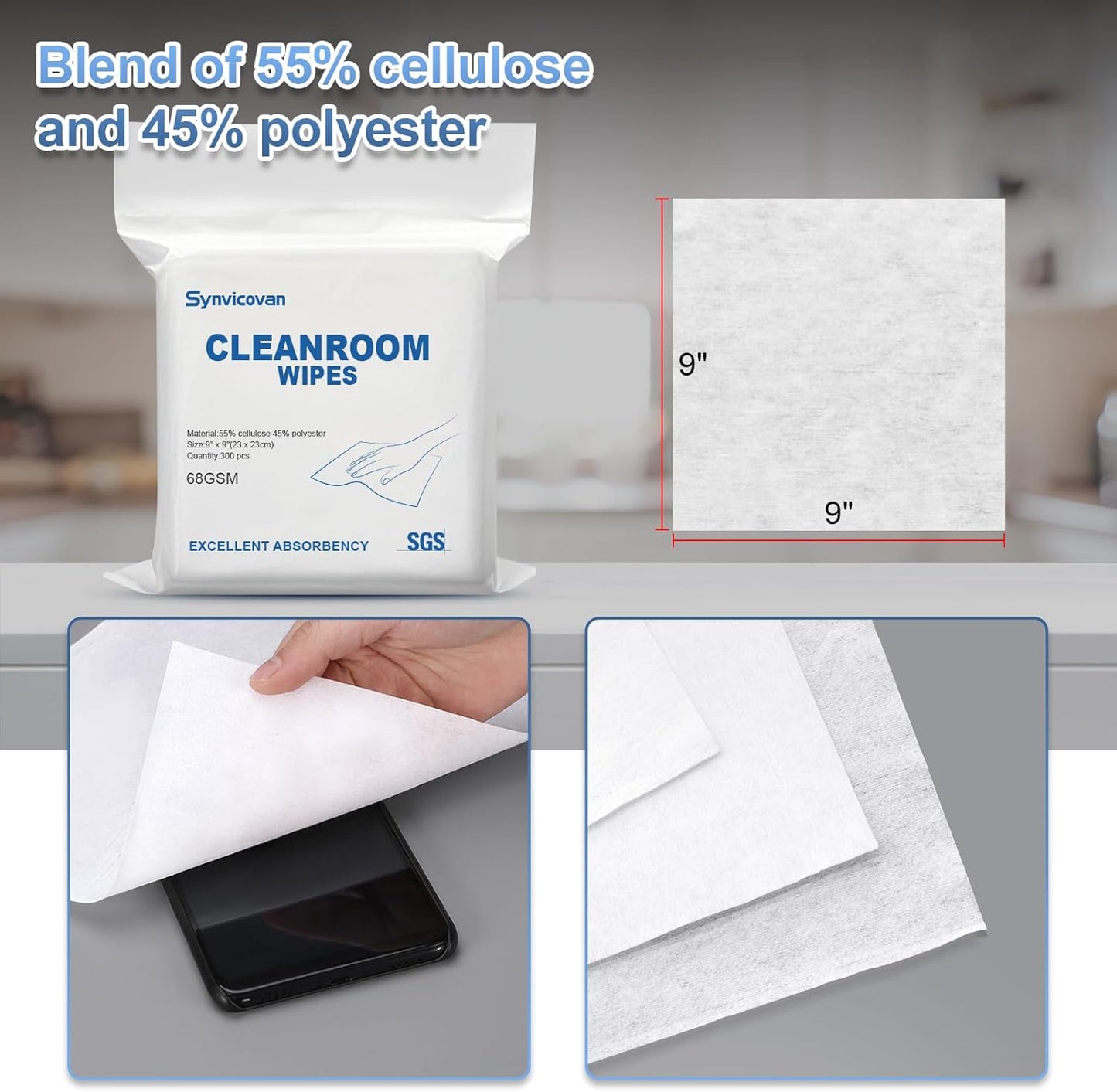 Cleanroom Wipes 9"x9" (300 Pcs, Cellulose/Polyester Blend, Grade A, 68GSM) Lint Free Wipes for Laboratory, Electronics, Pharmaceutical,Printing,Automotives and Semiconductor Industries