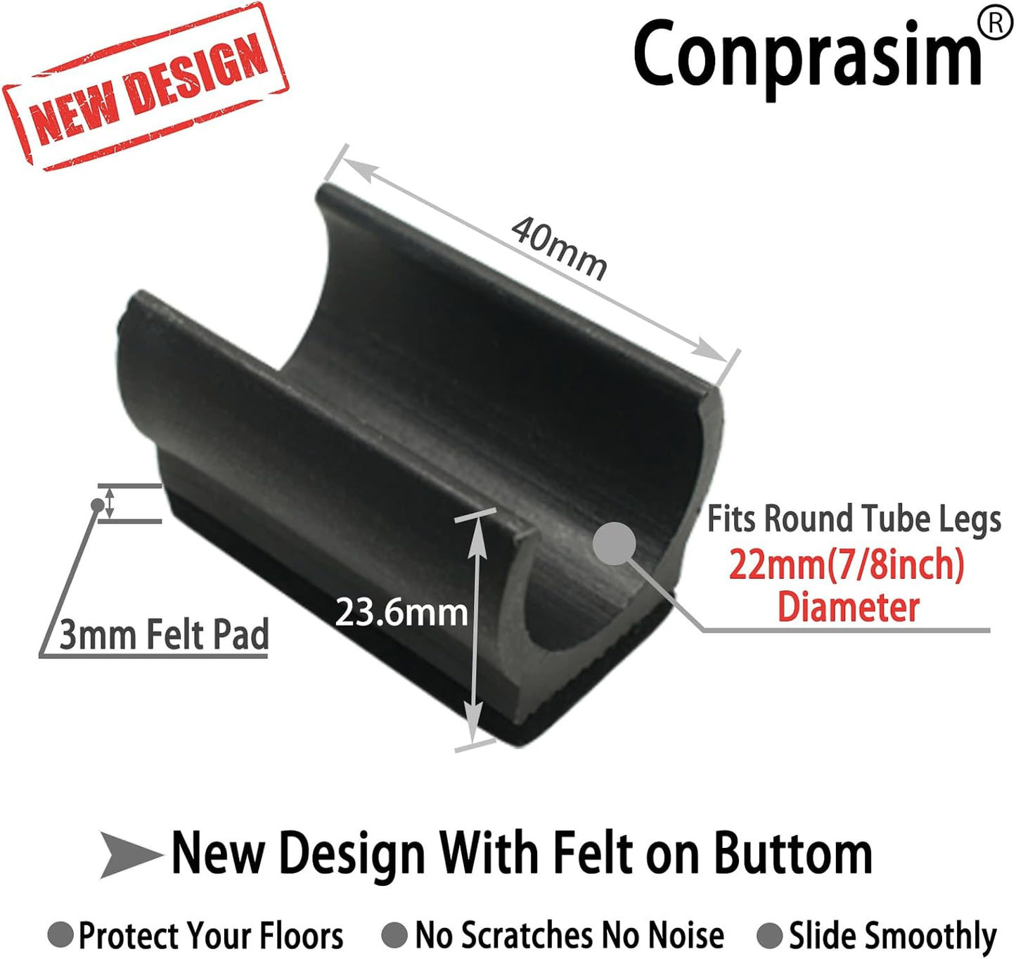 Rectangle U Shaped Chair Leg Tips Caps with Felt Pads,Furniture Feet Protector Slide Smoothly Glides No Scratches No Noise Protect Hardwood Floor,Fit 22mm(7/8inch) Diameter Tubular Leg (Black 8PCS)