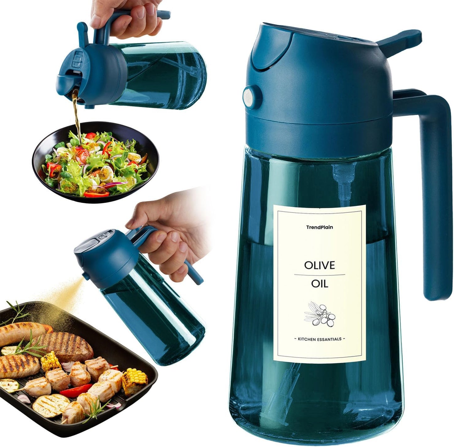 TrendPlain 16oz/470ml Blue Glass Olive Oil Sprayer for Cooking - 2 in 1 Olive Oil Dispenser for Kitchen Gadgets, Air Fryer, Salad, and BBQ - Navy