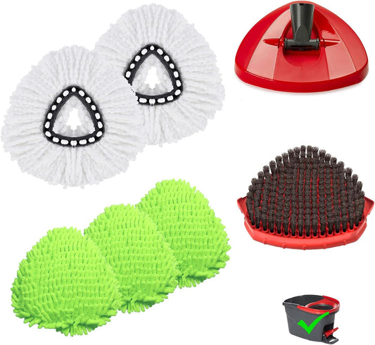 Upgraded Scrub Brush Compatible with O-Cedar EasyWring 1 System 7 Pack Triangle Mop Reusable Mop Pads Mop Head Mop Replacement Set with Base for Deep Clean White and Green