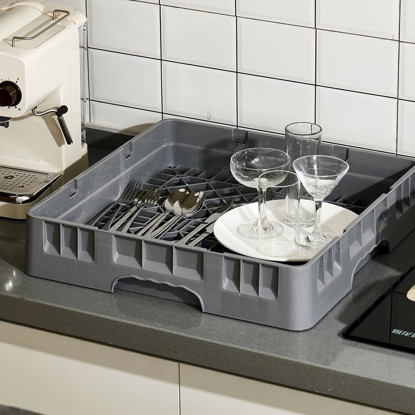 Commercial Dishwasher Tray Rack Polypropylene Full Size Flatware Rack for Bowls Plates Knives Forks Cups, Gray
