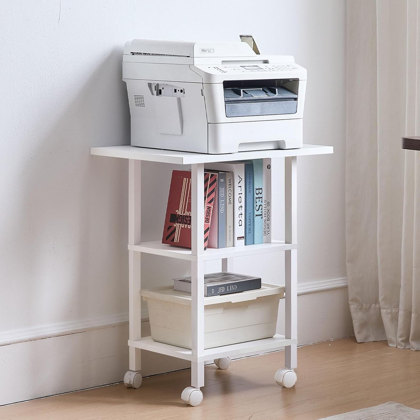 Lerliuo White 3 Tier Printer Stand with Storage, Printer Table for Home Office, Wooden Rolling Printer Cart Shelf with Lockable Wheels fit Fax Machine, Scanner
