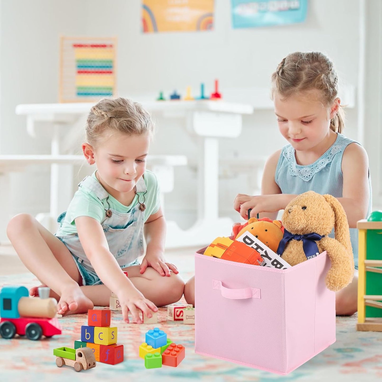 Stero Fabric Storage Bins 6 Pack Fun Colored Durable Storage Cubes with Handles Foldable Cube Baskets for Home, Kids Room, Closet and Toys Organization Pink