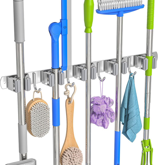 Broom Holder Wall Mount, Mop and Broom Organizer Broom Hanger Storage Tool Utility Racks Stainless Steel Wall Hooks Solid Mop Rack for Home Kitchen Garden Laundry Garage (5 Racks 4 Hooks)