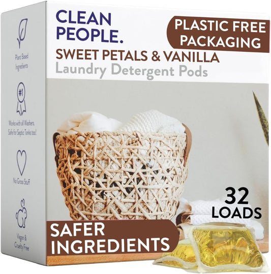 The Clean People Laundry Detergent Pods - Hypoallergenic Laundry Pods - Ultra Concentrated, Recyclable Packaging, Stain Fighting - Sweet Petals, 32 Pack