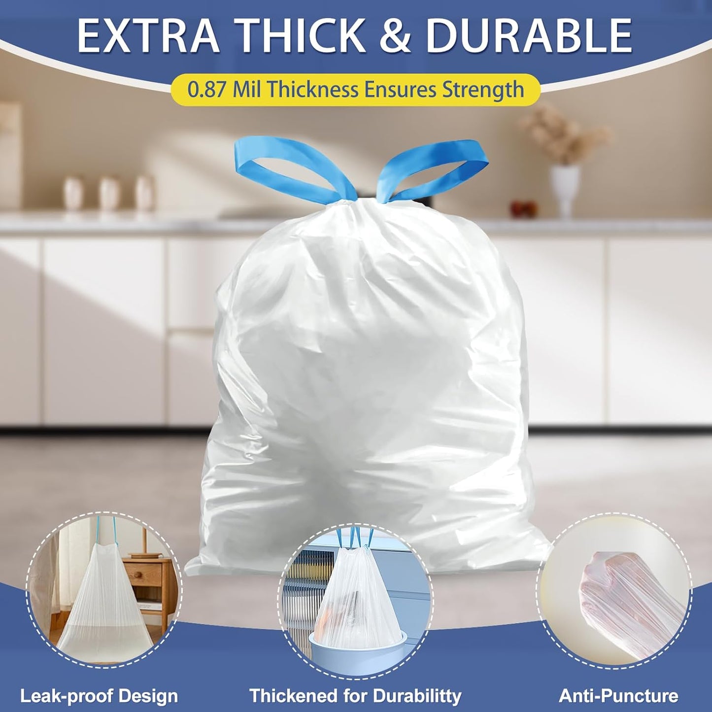 18 Gallon Trash Bags with Drawstring - 120 Count Heavy Duty 1.25 Mil Garbage Bags 68 Liter Tall Kitchen Bin Liners Unscented White for Home Yard Lawn