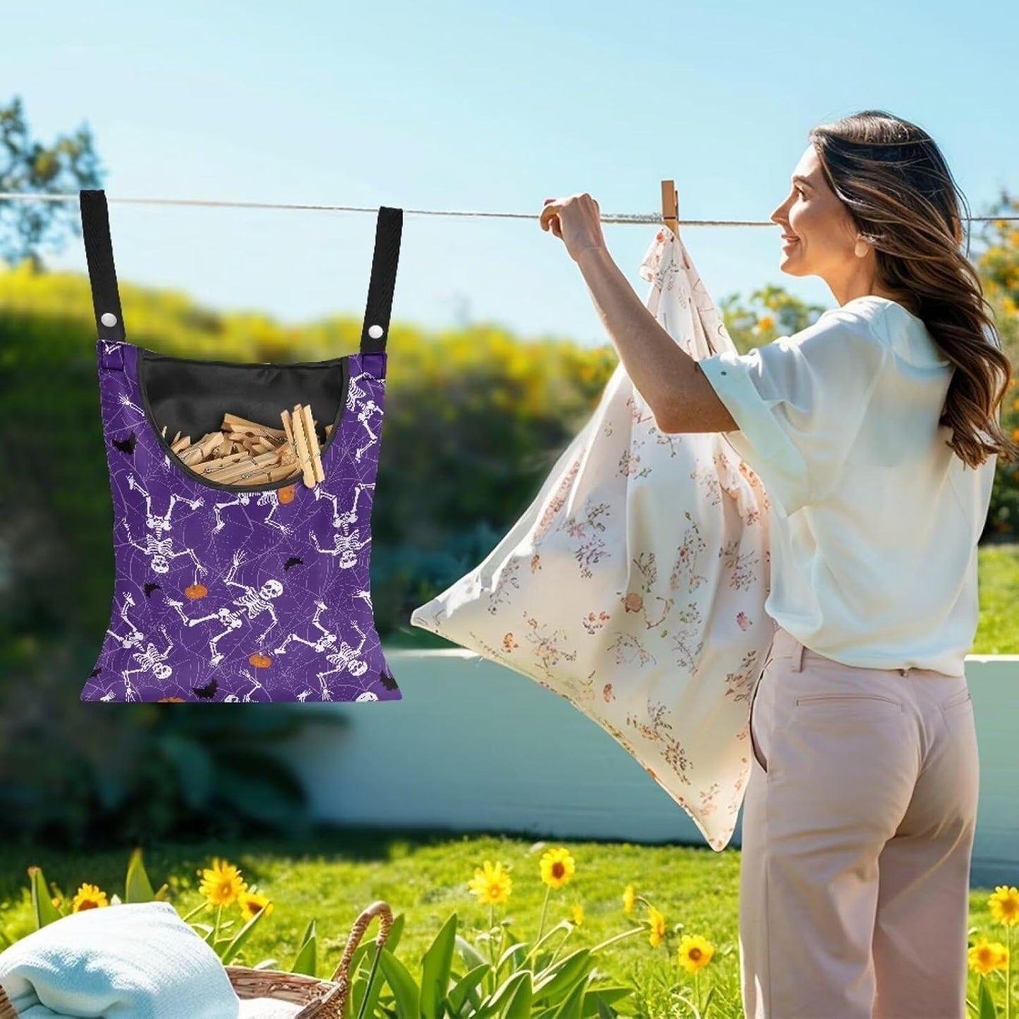 Gothic Skull Summer Clothes Pin Bag Clothespin Bags Holder Clothespin Holder 14.5 x 12 Inch Clothespin Bag for Clothesline Outdoor Outside Laundry Room Reusable Clothespin Holder