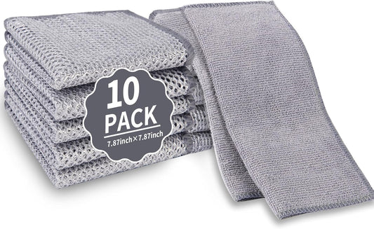 2 in 1 Stainless Steel Scrubber & Microfiber Cleaning Cloth, 10 Pack Towel & Steel Scrub Cloth for Pans, Dishes, Countertops, Reusable Non-Scratch Cleaning Pad for Kitchen Sink
