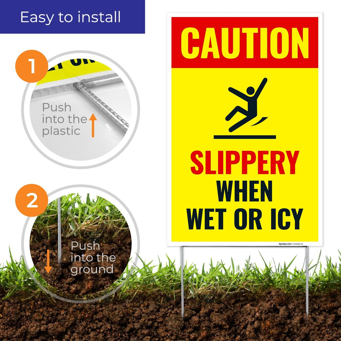 Caution Slippery When Wet or ICY Sign, (SI-84404) (2 Pack) Double Sided 12x18 Inches, Corrugated Plastic with Metal H Stake, Made in USA by Sigo Signs