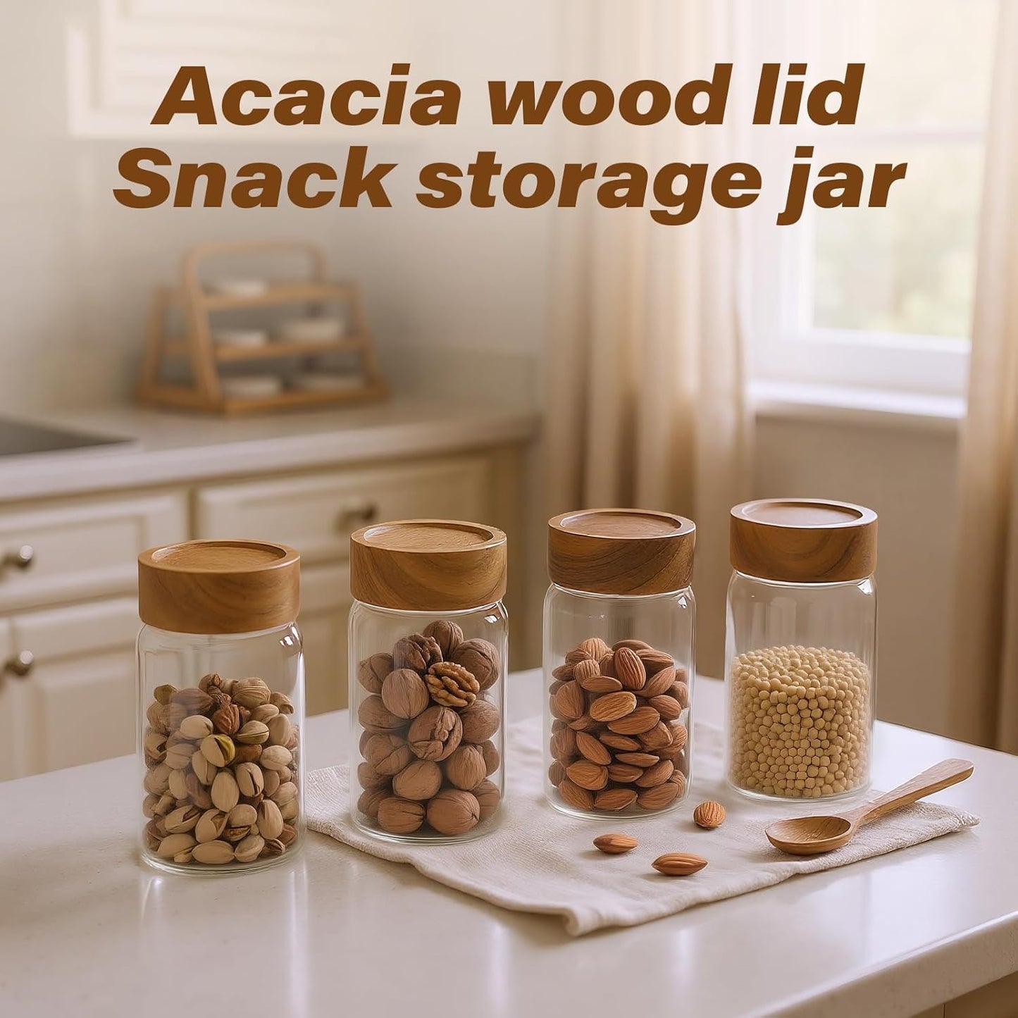 6-Pack 10 oz Airtight Food-Grade Glass Mason Jars with Acacia Wood Lids - Sealable, Waterproof & Stackable Canister Set for Overnight Oats, Dry Goods, Baking Supplies & Pantry Organization