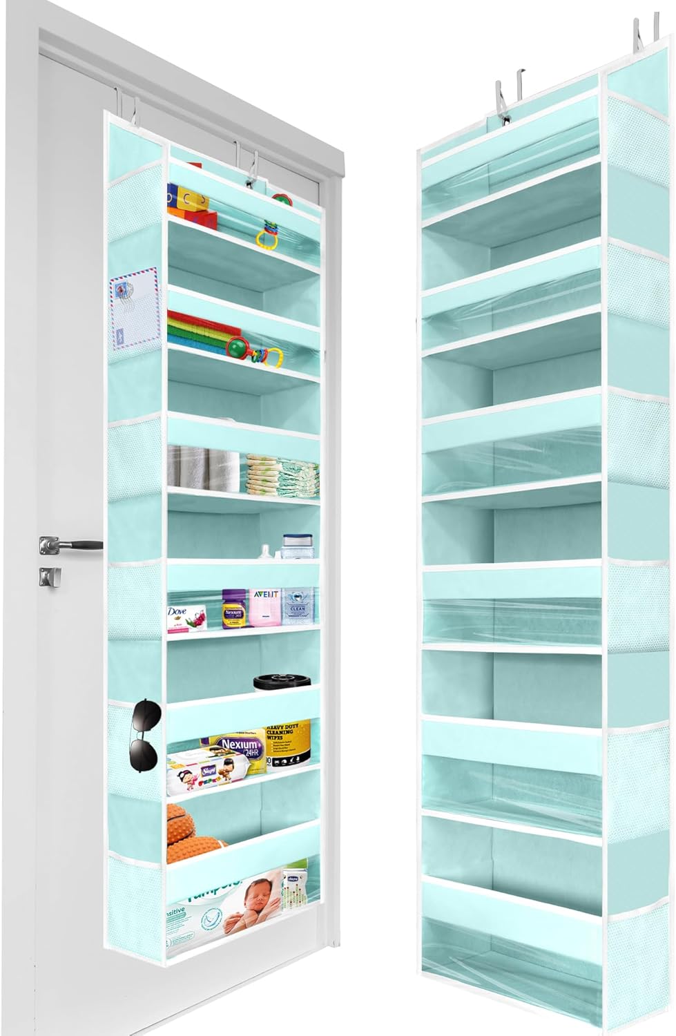 HOMELUX THEORY 1 PC Heavy Duty Over the Door Organizer 55x14x6.7, 6 Large Front & 12 Side Pockets, Hanging Storage Closet Door Organizer for Bedroom, Bathroom and Baby Nursery Storage (Baby Blue)