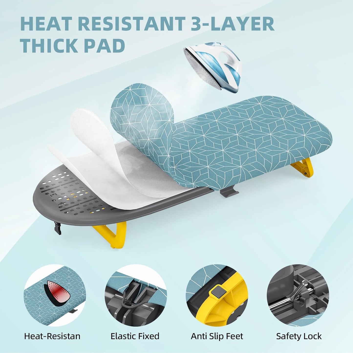 Small Ironing Board Tabletop, Foldable mini Ironing Board, Table top Ironing Boards Small, Compact Portable Ironing Boards with Iron Holder & Hanging Rope, Iron Table Stand 32x12, Light Blue