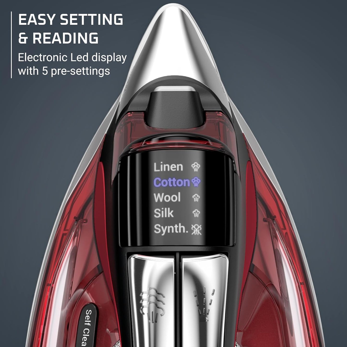 Rowenta Iron, Focus Excellence Stainless Steel Soleplate Steam Iron for Clothes, Retractable Cord, 400+ Microsteam Holes, Powerful steam, LED Display, 1750 W Ironing Clothes, Cordreel, Red DW5433