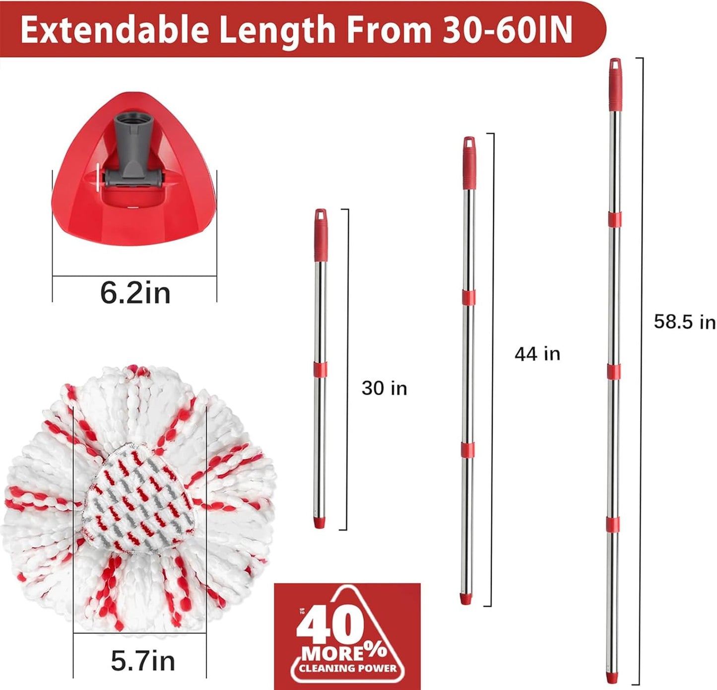 Spin Mop Replacement Head, Base, Handle Compatible with Ocedar Mop Set EasyWring 1-Tank Microfiber Spin Mop, 2 Refills Replacement Heads, 30-58in Handle and 1 Base Combo Set