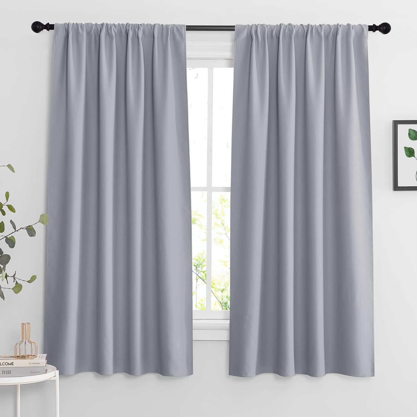 RYB HOME Blackout Curtains 63 inches Long - Energy Saving Insulation Large Window Curtain Blinds for Bedroom Living Room Dining Basement Home Office, W 62 x L 63 per Panel, Silver Grey, 2 Pcs