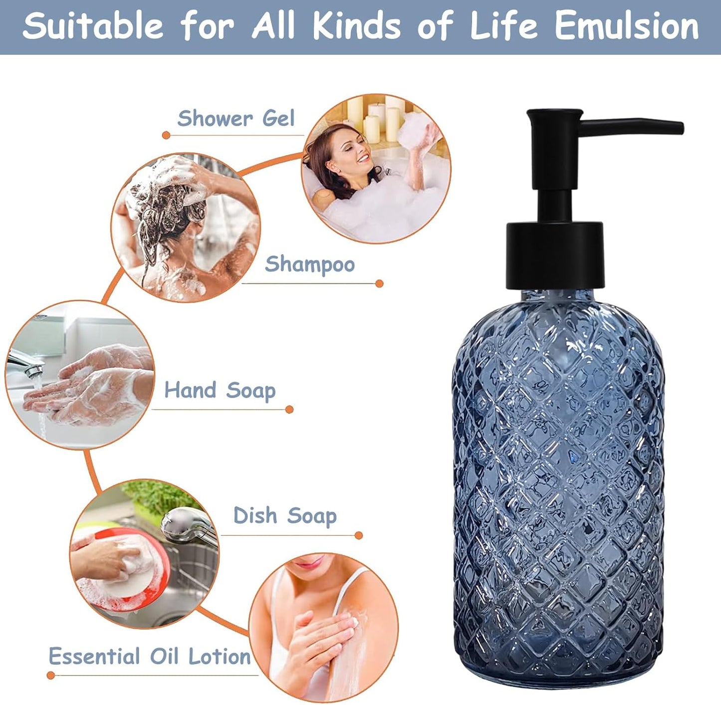 Blue Glass Dish Soap Dispenser for Kitchen, 12oz Refillable Liquid Hand Soap Dispenser Set, Crystal Lotion Bottle for Modern Home Decor, Bathroom Countertop, Hotel