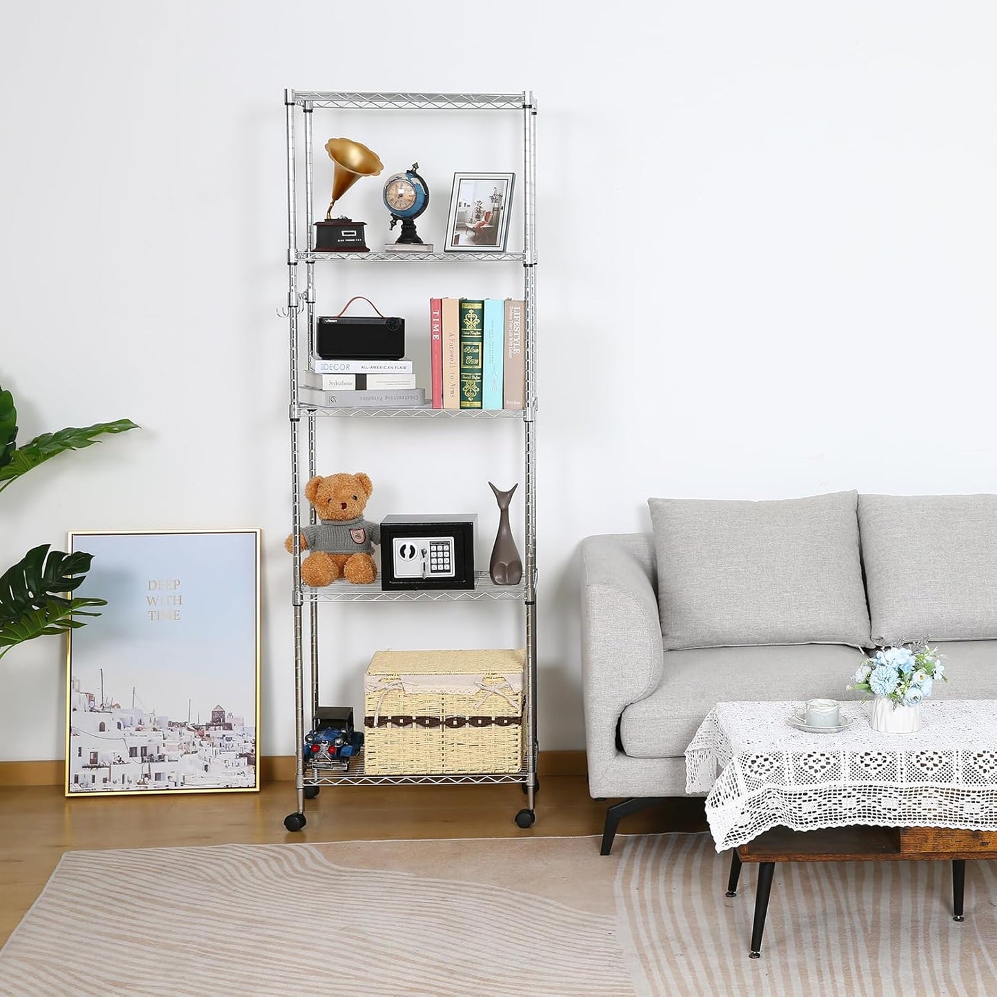 Himimi 5-Tier Storage Shelf Wire Shelving Unit on Wheels Heavy Duty Metal Shelves Adjustable Steel Rack Organization for Kitchen Garage Basement, Silver