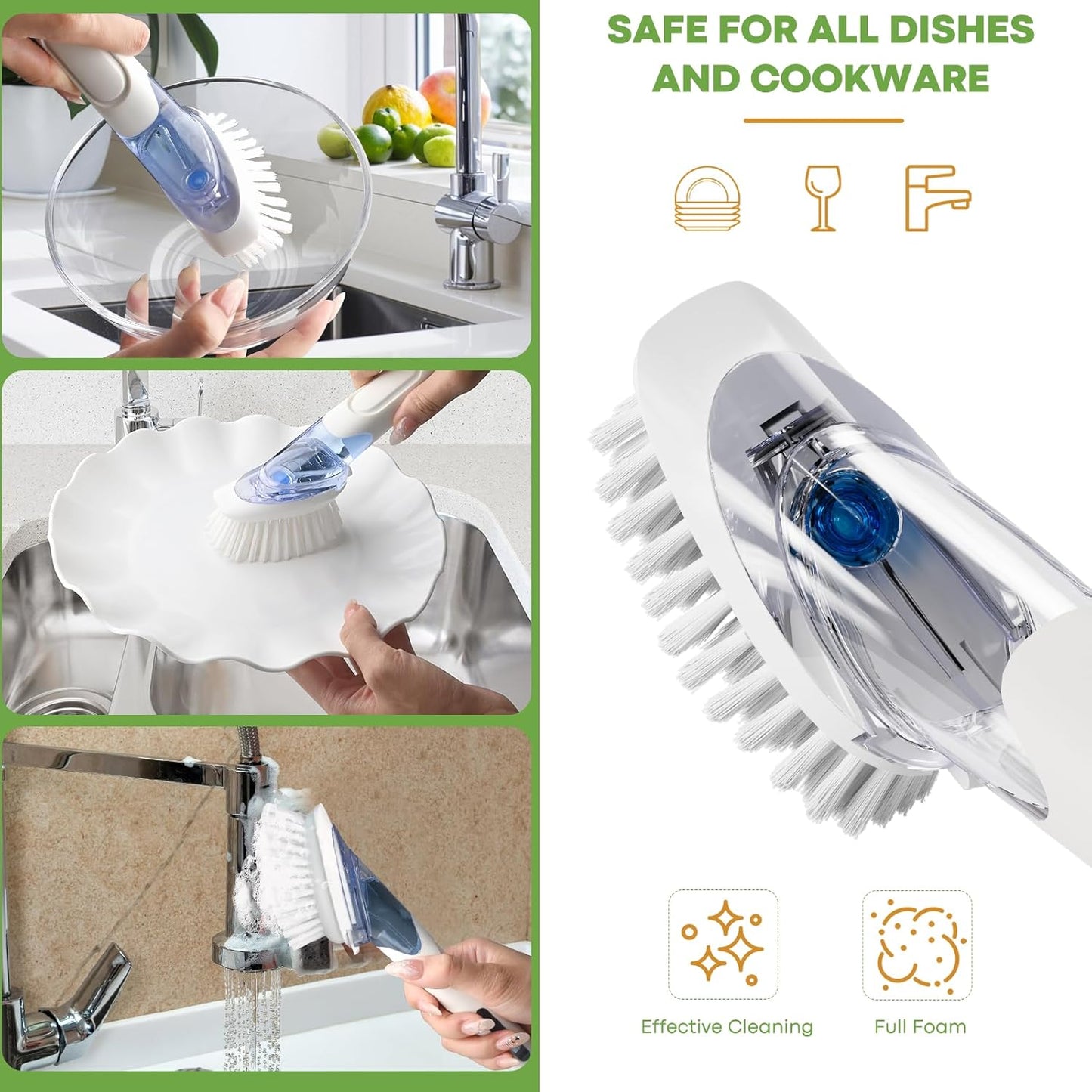 RIMAY Dish Brush with Soap Dispenser Storage Set, Soap Dispensing Dish Brush with 2 Pcs Brush Refills & Holder, Kitchen Dish Washing Wand with Handle for Dishes/Pans/Pots/Sink (White)