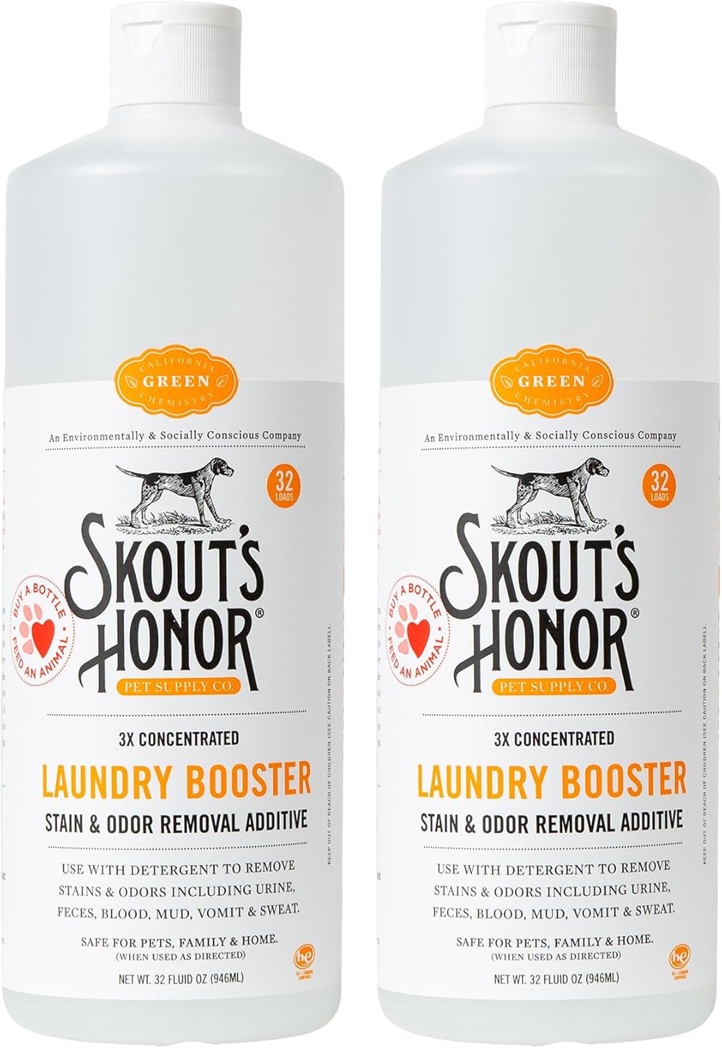 Skout's Honor Laundry Booster Stain & Odor Removal Additive - Plant-Powered Formula for Pet Bedding, Clothing, and Washable Pee Pads - Eco-Friendly & Cruelty-Free, 32 oz, 2-Pack