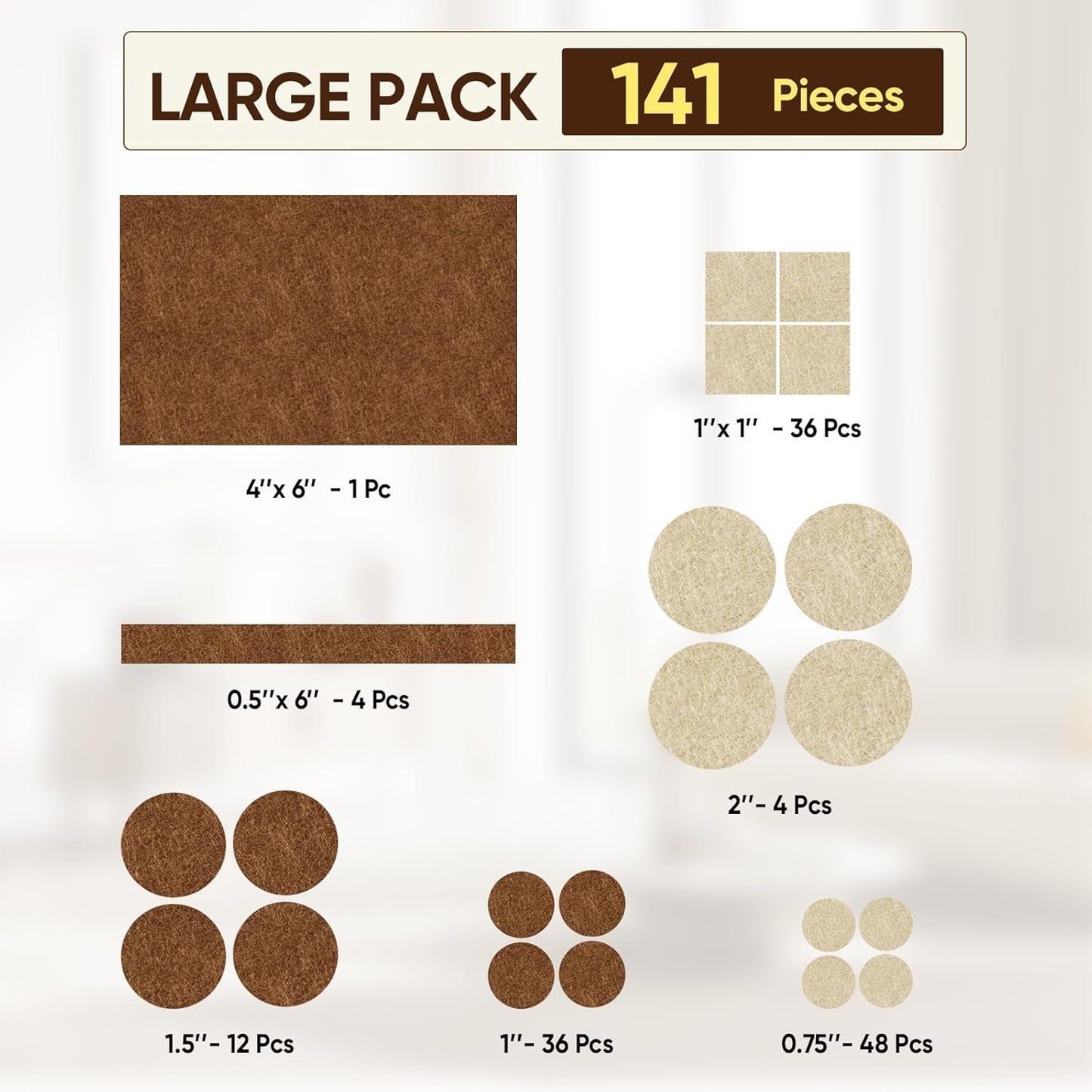 BALEINE 141PCS Felt Furniture Pads, Multi-Size Felt Pads for Chair Legs, Tables, Beds, Scratch-Reducing Floor Protectors for Hardwood Floors, Tile, Vinyl, and Laminate (141PCS, Beige+Brown)