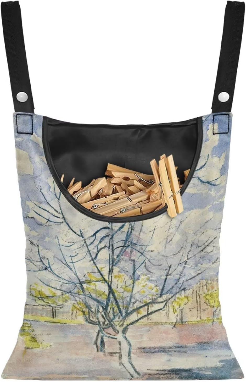 Weather Resistant Clothespin Storage Bag - Outdoor Hanging Organizer with Windproof Features - Large Capacity 14.5x12 Inch Polyester Pouch for Clothes Pins Peach Tree in Bloom Print
