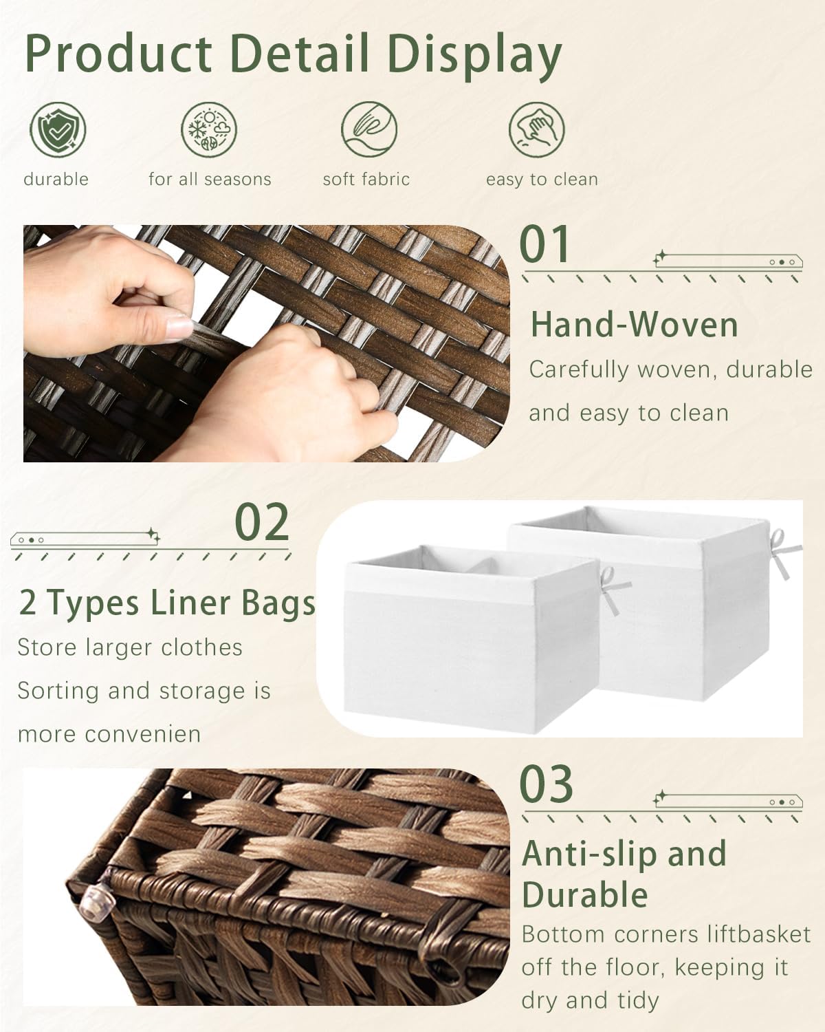 Storage Basket with Lid Rattan Woven Storage Baskets with 2 Separate Lids, 17.2 Gallon (65 L), 22 x 13 x 13.8 Inches,Foldable, 2 Removable Liner Bags Handles for Bedroom, Laundry Room Brown