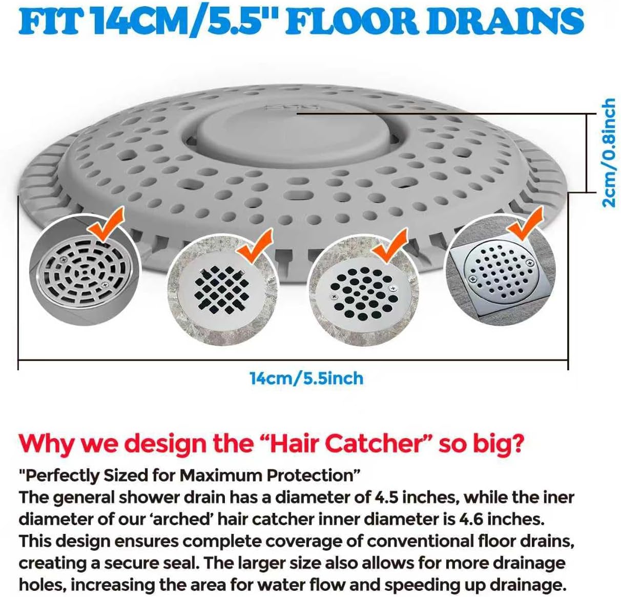 zaa Shower Drain Hair Catcher, 2 Pack Premium Silicone Drain Protector & Shower Drain Cover, Shower Installation Kits for Flat Drains of Shower Room, Bathroom, Gray