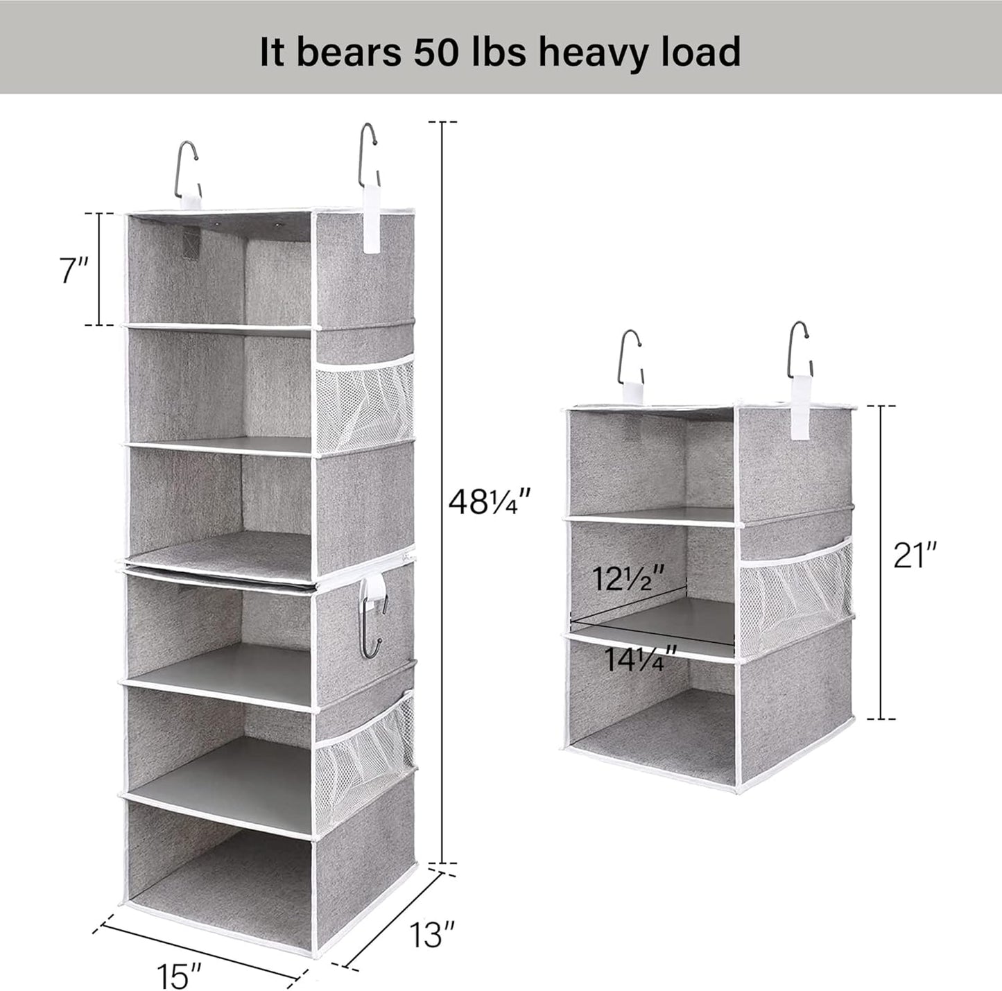 StorageWorks 6-Shelf Jumbo Closet Organizers, Two 3-Shelf Separable Hanging Shelves for Closet, 13" D x 15" W x 48 ¼"H，Gray