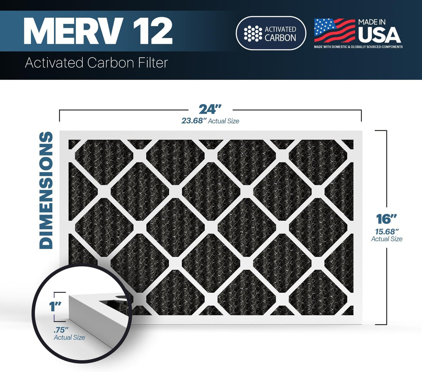 BNX TruFilter 16x24x1 MERV 12 Odor Defense (6-Pack) AC Furnace Air Filter with Activated Carbon - MADE IN USA - Pleated Air Conditioner HVAC AC Furnace Filters - Removes Odor, Mold, Bacteria, Smoke