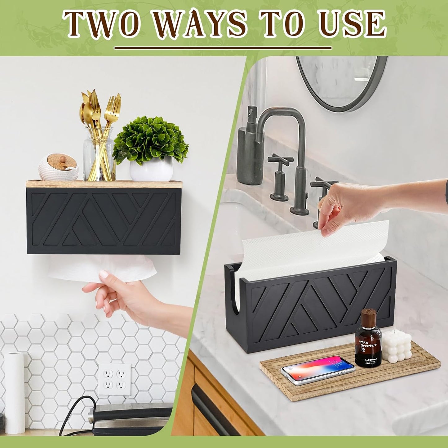 Set of 2 Paper Towel Dispenser Wall Mount, Paper Towel Holder Wall Mounted with Lid, Solid Wood Commercial C-Fold, Z-Fold, Trifold Hand Paper Towel Holder Hand Towel Holder for Bathroom Kitchen Decor