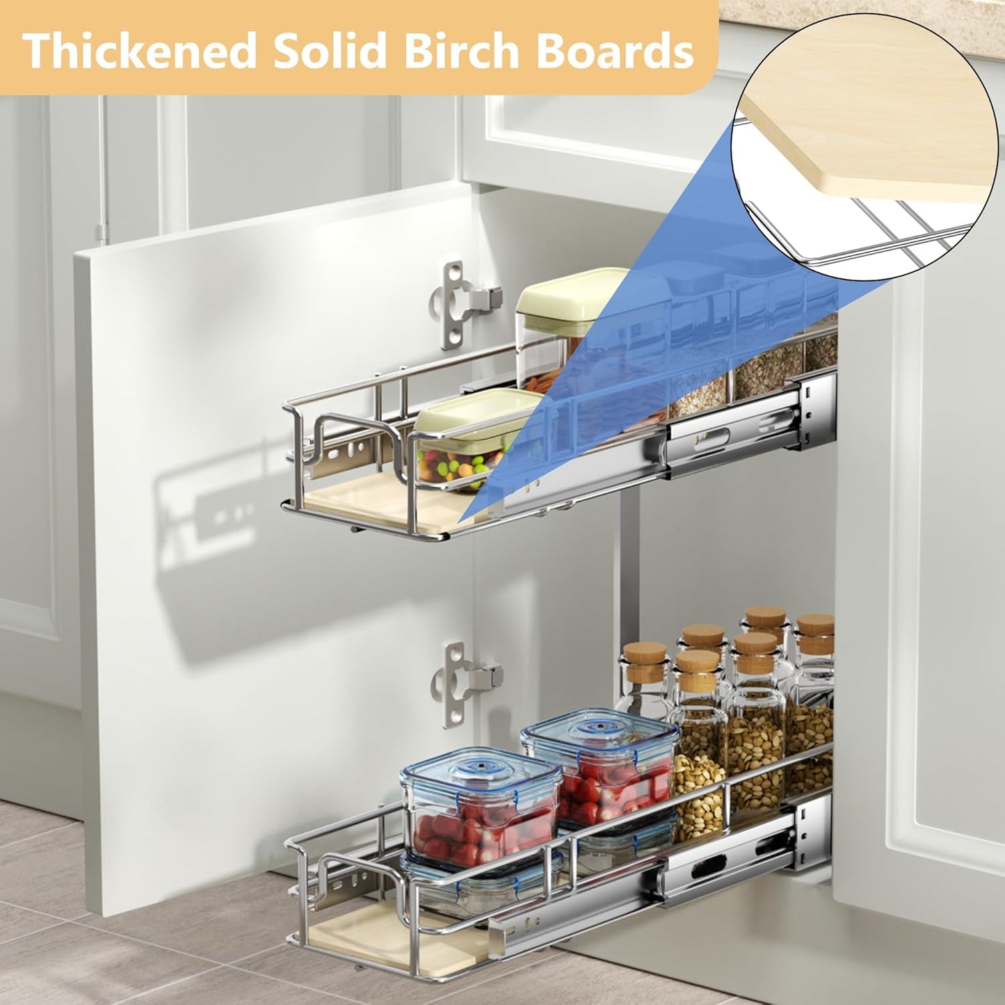 ROOMTEC 2 Tier Individual Pull Out Cabinet Organizer 7½"W x 21½"D, Slide Out Wood Shelves Organizers, Pull Out Drawers Organization and Storage for Kitchen Cabinet